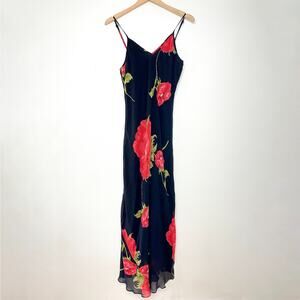 Vintage NWT 90s Y2K Black Red Floral Fairy Beaded Maxi Slip Dress Sz L
